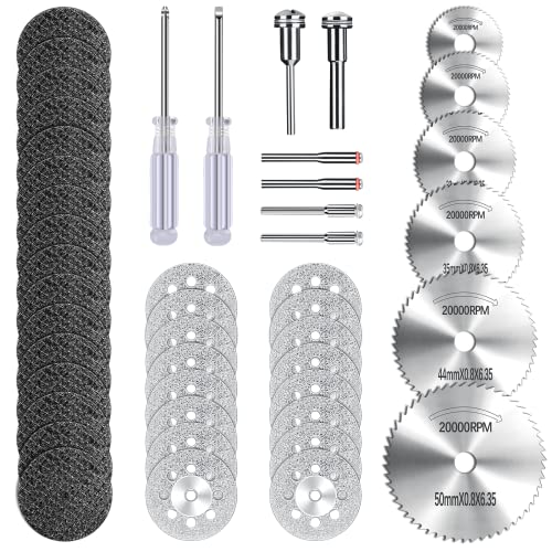 Winzwon Cutting Wheels Set 44 Pcs for Dremel Rotary Tool Accessories Kit, Gifts for Men, Diamond Cutting Wheels 15 Pcs, Resin Cut Off Discs 15 Pcs, Hss Circular Saw Blades 6pcs with 6 Mandrel Shank