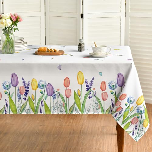 Horaldaily Spring Summer Tablecloth 60x120 Inch, Easter Watercolor Wild Flowers Tulip Lavender Blooming Floral Table Cover for Party Picnic Dinner Decor