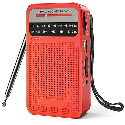 Portable Radio AM FM, Goodes Transistor Radio with Loud Speaker, Headphone Jack, 2AA Battery Operated Radio for Long Range Reception, Pocket Radio for Indoor, Outdoor and Emergency Use-Red