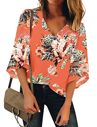 LookbookStore Floral Tops fpr Women V Neck Floral Print Tops for Women Boho Floral Blouse 2024 3/4 Bell Sleeve Loose Summer Top 2024 Trendy Going Out Tops Salmon Size M Womens Tops Size 8 Size 10