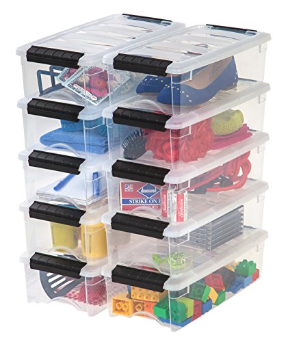 IRIS USA 6 Quart Stackable Plastic Storage Bins with Lids, 10 Pack - BPA-Free, Made in USA - See-Through Organizing Solution, Latches, Durable Nestable Containers, Secure Pull Handle - Clear/Black