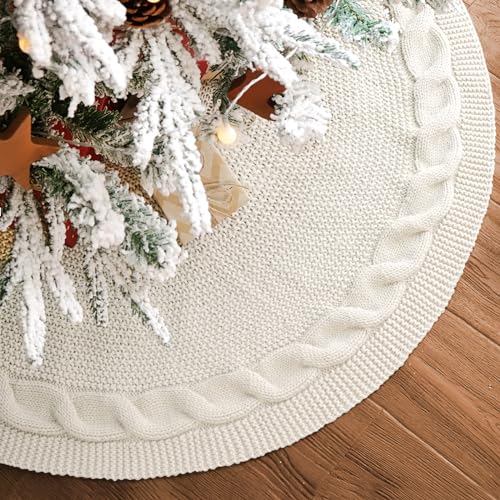LimBridge Knitted Christmas Tree Skirt: 36 Inches Cream White Tree Skirt, Chunky Cable Knit Thick Rustic Christmas Tree Decorations, Farmhouse Christmas Decor Xmas Holiday Home Party Decorations
