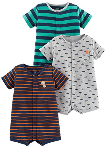 Simple Joys by Carter's Baby 3-Pack Snap-up Rompers, Grey Cars/Navy Lion/Turquoise Green Horizontal Stripe, 6-9 Months