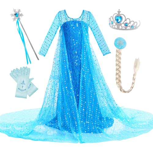 TPMG Elsa Costume Dress for Girls with Kids Princess Crown Wand Gloves for Halloween Birthday Dress Up, 9Y-10Y, Blue