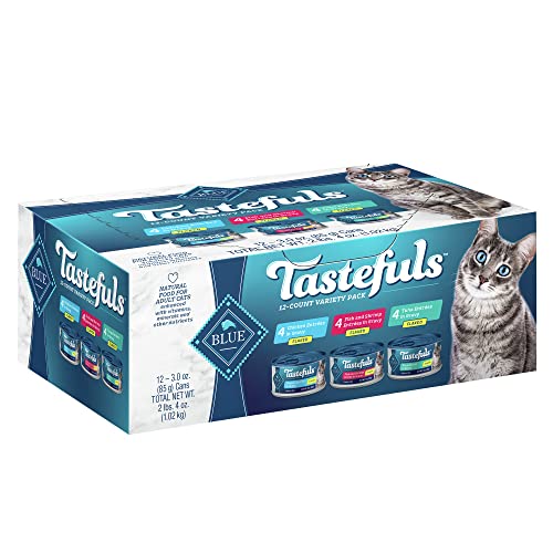 Blue Buffalo Tastefuls Flaked Wet Cat Food Variety Pack, Made with Natural Ingredients | Tuna, Chicken, Fish & Shrimp, 3-oz. Cans (12 Count, 4 of Each)