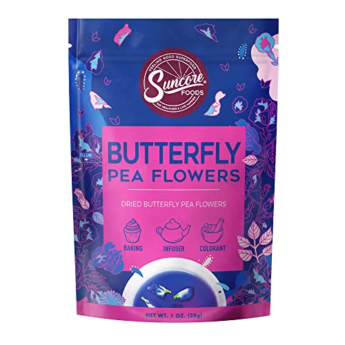 Suncore Foods Dried Butterfly Pea Flowers Bloom, Caffeine-Free Tea, Gluten-Free, Non-GMO, 1oz (1 Pack)