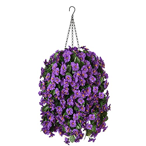 Artificial Faux Hanging Flowers Plants Basket for Spring Outdoor Outside Porch Decoration, Fake Silk Purple Morning Glory Long Vines Realistic UV Resistant for Home Balcony Garden Yard Patio