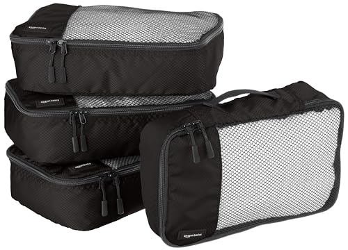 Amazon Basics 4 Piece Packing Travel Organizer Zipper Cubes Set, Small, Black