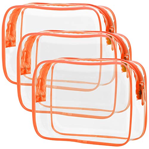 PACKISM Clear Makeup Bag with Zipper, 3 Pack Beauty Clear Cosmetic Bag TSA Approved Toiletry Bag, Travel Clear Toiletry Bag, Quart Size Bag Carry on Airport Airline Compliant Bag, Orange