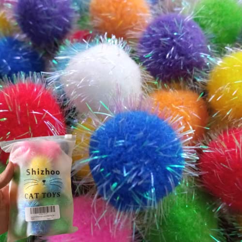 Shizhoo 30 Pieces Sparkle Pom Pom Balls for Cat - Interactive Glitter Balls, Multicolor, Size of 1.2 inches, Best as Kitten Play Toys…