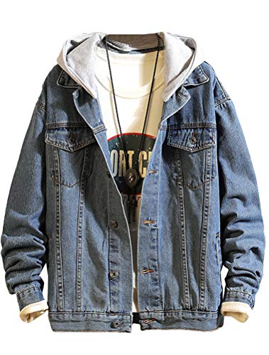 Lavnis Men's Denim Hoodie Jacket Casual Slim Fit Button Down Jeans Coat Style 2 Blue L