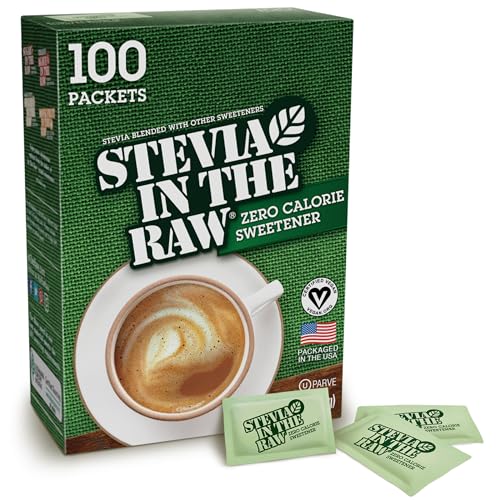 Stevia In The Raw, Plant Based Zero Calorie, No Erythritol, Sugar Substitute, Sugar-Free Sweetener for Coffee, Hot & Cold Drinks, Suitable For Diabetics, Vegan, Gluten-Free, 100Count Packets (1 Pack)