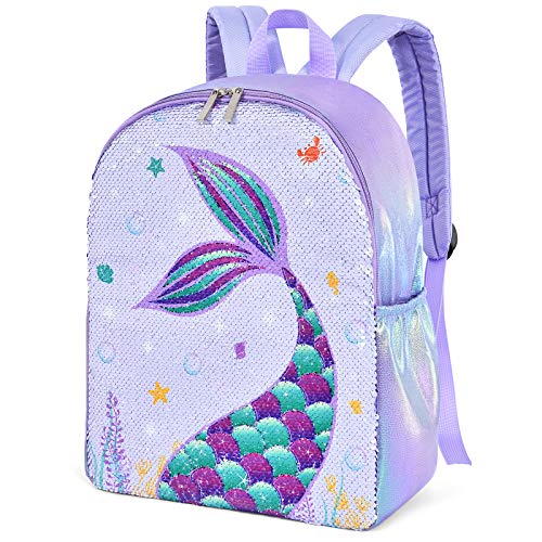 WERNNSAI Sparkly Girls Mermaid Backpack - Sequins School Backpack for Kids Girls Preschool Kindergarten Elementary 15” Lightweight Hiking Travel Casual Book Bag Schoolbag