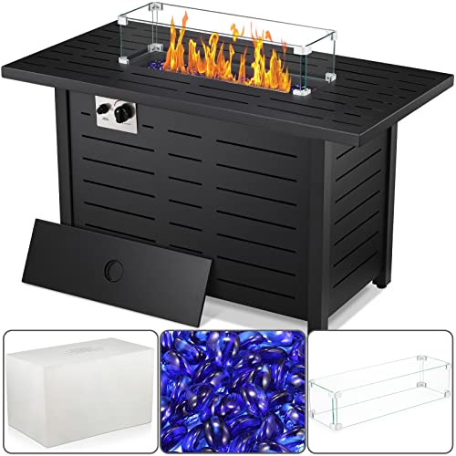 Xbeauty Fire Pit Propane Gas FirePit Table 43' Outdoor Fire Pit Rectangular Tabletop with Lid, Rain Cover, Tempered Glass Wind Guard for Outside Garden Backyard Deck Patio