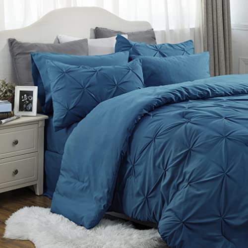 Bedsure Teal Comforter Set Queen - Bed in a Bag Queen 7 Pieces, Pintuck Bedding Sets Teal Blue Bed Set with Comforter, Sheets, Pillowcases & Shams