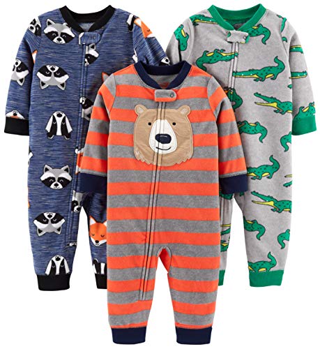 Simple Joys by Carter's Boys' 3-Pack Loose Fit Flame Resistant Fleece Footless Pajamas, Alligator/Bear/Fox, 18 Months