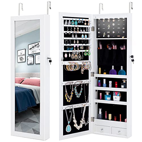 BOSTANA Jewelry Organizer Wall Door Mounted,6 LED Lights Storage Jewelry Mirrors,Lockable Jewelry Armoire with Full Length Mirror,Living Room,Bedroom