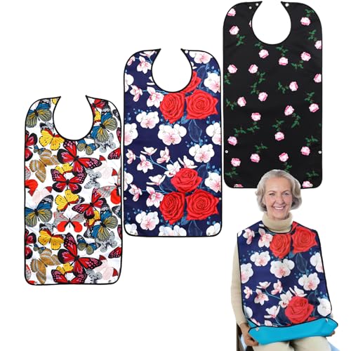 Pafusen 3 Pack Adult Bibs for Women, Reusable Adult Bibs for Eating with Optional Crumb Catcher, Waterproof Washable Dining Clothing Protector, Gifts for Women/Mom