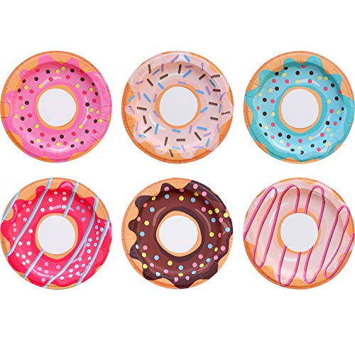 Paper Plates - 60-Count Small Disposable Colorful Cute Donut Party Plates in 6 Assorted Donut Designs - Donut Party Supplies for Birthday, Dessert, Tea Party - 8' x 8'