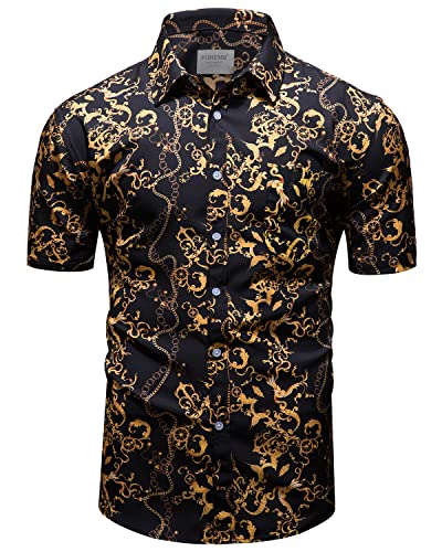 fohemr Mens Black Gold Dress Shirts Luxury Short Sleeve Chain Print Shirt Baroque Casual Button Down Design Buchona Shirts Large