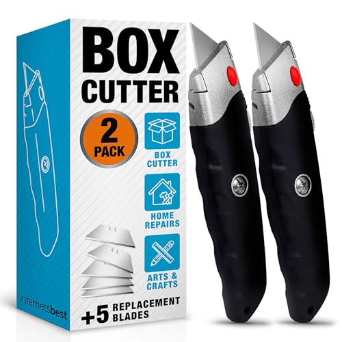 INTERNET'S BEST Premium Utility Knife Set | Retractable Box Cutter with Rubber Handle | Heavy-Duty Cutting for Cardboard, Carpet, Plastic | Retractable Blade | Includes 2 Razor Knives & Extra Blades