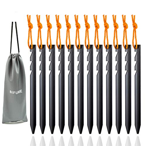 Aluminum Tent Stakes Pegs, 12-Pack Aluminum Ground Pegs with Reflective Pull Ropes, Heavy Duty Tri-Beam Metal Stakes Pegs for Backpacking Camping Tents Hammocks and Canopy (Black)