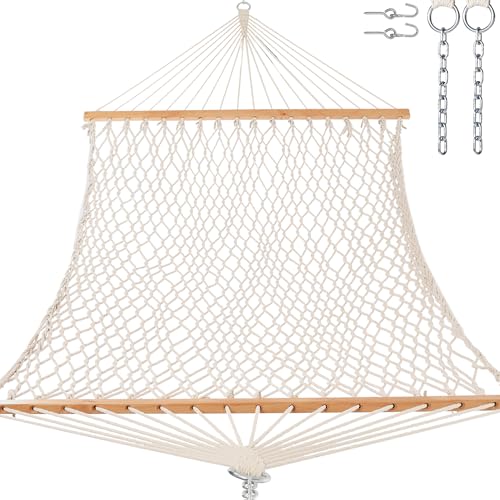Gafete 12ft Double Hammocks, Handwoven Traditional Cotton Rope Hammock with Hardwood Spreader Bar, Chains and Hooks for Indoor Outdoor, Max 450 lbs Capacity (Beige, Full)