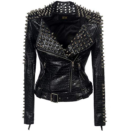 SX Women Punk Faux Leather PU Black Jacket Studded Rivet Fashion Streetwear Motorcycle Coat (4XL, Black)