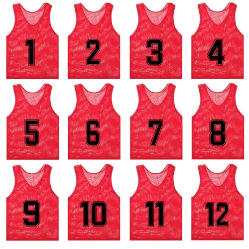 MTTYYD Numbered Pinnies Soccer Scrimmage Vest for Kids, Youth and Adults (12-Pack) Soccer Pennies Youth Jersey XL-Red