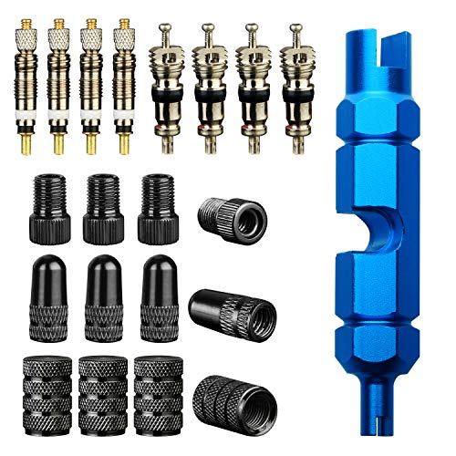 SINGARE Tire Repair Kits:1pcs Valve Core Tool+4pcs Presta Valve core, 4pcs Schrader Valve core+4pcs Bike Valve Adapter,4Pcs Fresta Valve Cap+4Pcs Schrader Valve Cap (Car Adapt)