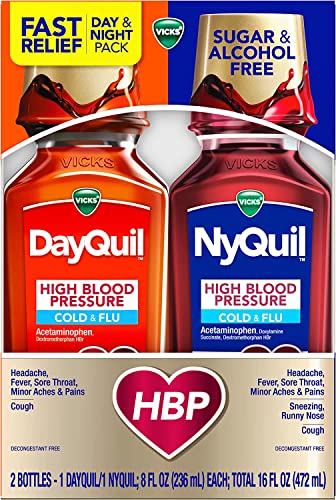 Vicks DayQuil and NyQuil High Blood Pressure Cold and Flu Relief Liquid Medicine Combo Pack, Multi-Symptom Daytime and Nighttime Relief for Cold, Cough, Flu Symptoms, Alcohol No, 8 FL OZ (Pack of 2)