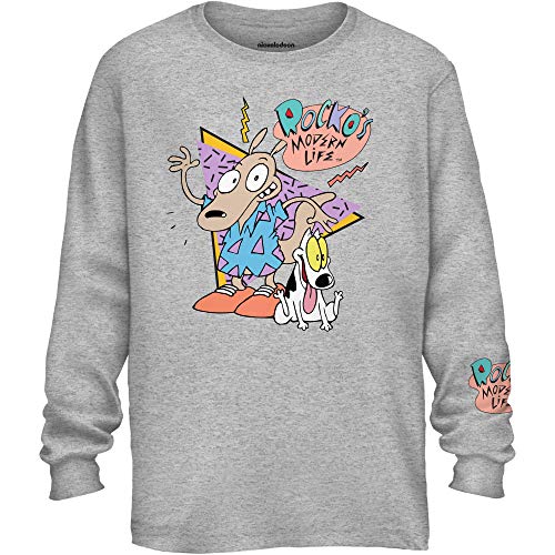 Nickelodeon Mens Long Sleeve Shirt - #TBT Mens 1990's Clothing - Rugrats, Hey Arnold, Rocko's Modern Life (Rocko Grey, Large)