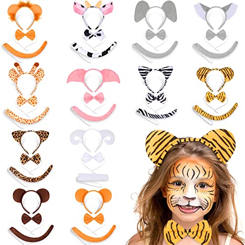 Hanaive 12 Pieces Animal Ears Headband Safari Animal Hairbands Jungle Zoo Party Decorations Tiger Lion Cow Hair Hoop Ears Bow Tie and Tails for Cosplay Party Kids