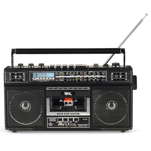 QFX J-220BT Boombox MP3 Conversion from Radio to Cassette with 4-Band (AM, FM, SW1, SW2) Radio with Bluetooth, Dual 3” Speakers, Built-in Microphone, Recorder, and a 3-Band Equalizer