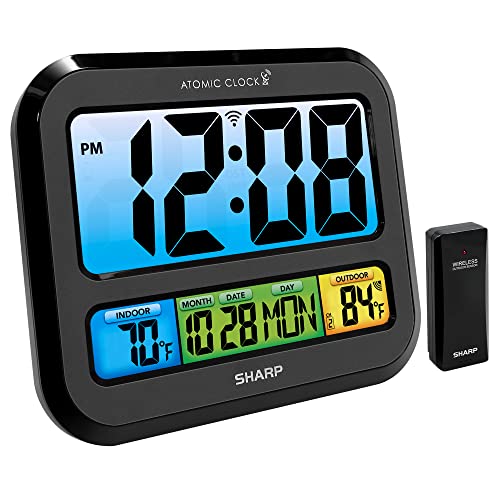 Sharp Atomic Clock with Bright Color Display, Atomic Accuracy, Jumbo 3' Easy to Read Numbers - Indoor/Outdoor Temperature Display with Wireless Outdoor Sensor