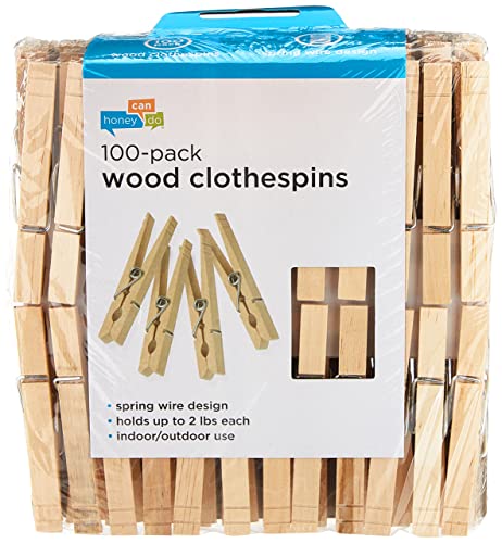 Honey-Can-Do DRY-01376 Wood Clothespins with Spring, 3.3-inches Length,Brown, Medium, 100-Pack