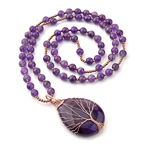 Top Plaza Healing Crystal Amethyst Necklace Natural Stone Beads Tree Life Wire Wrapped Teardrop Gemstone Pendant Jewelry for Women for Mom