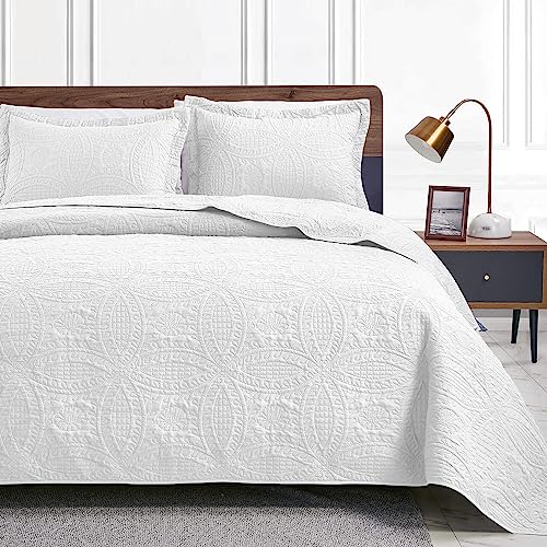 Love's cabin Quilts for Queen Bed White Bedspreads - Soft Bed Summer Quilt Lightweight Microfiber Bedspread- Modern Style Coin Pattern Coverlet for All Season - 3 Piece (1 Quilt, 2 Pillow Shams)