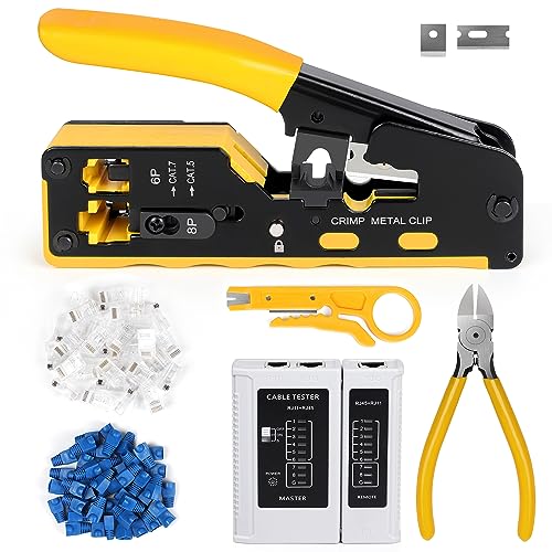 Wakhow RJ45 Crimp Tool Kit, Ethernet Pass Through Crimper, Network Cat5 Cat6 Cat7 Crimping Tool Repair Kit Includes Cable Tester, Mini Stripper, Blades, 50Pcs Connectors and Strain Relief Boots