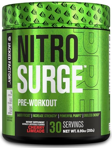Jacked Factory NITROSURGE Pre Workout Supplement - Endless Energy, Instant Strength Gains, Clear Focus, Intense Pumps - NO Booster & Preworkout Powder with Beta Alanine - 30 Servings, Cherry Limeade