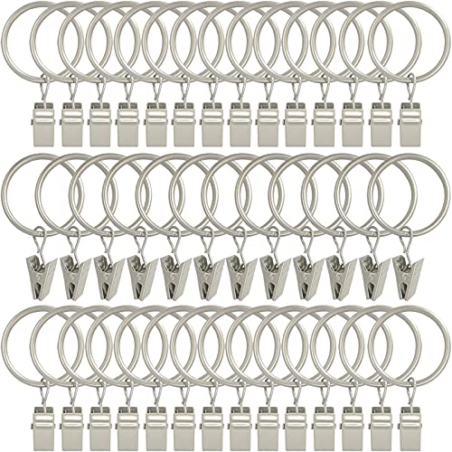 AMZSEVEN 40 Pack Curtain Rings with Clips, Drapery Clips with Rings, Hangers Drapes Rings 1.26 Inch Interior Diameter, Fits up to 1 Inch Curtain Rod, Matte Silver