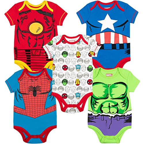 Marvel Baby Boys' 5 Pack Bodysuits - The Hulk, Spiderman, Iron Man and Captain America Multi 0-3 Months