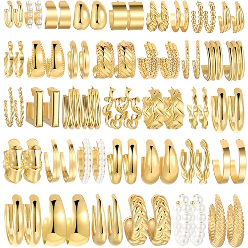 36 Pairs Gold Hoop Earrings Set for Women, Fashion Chunky Gold Hoop Earrings Multipack, Hypoallergenic Pearl Chain Twisted Statement Earring Pack for Birthday Party Jewelry