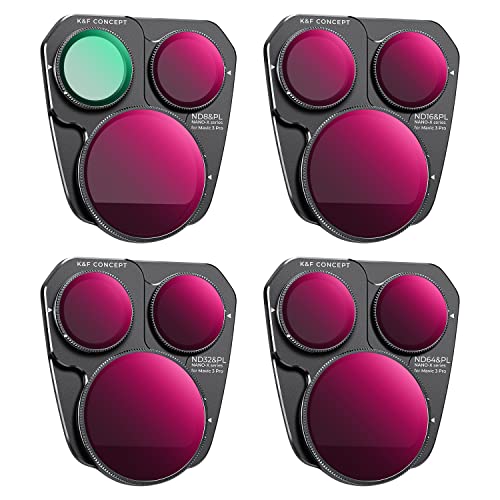 K&F Concept 4 Pack ND/PL Filter Set Compatible with DJI Mavic 3 Pro, Multi Coated HD Glass, No Color Cast&Remove Glare, Include ND8/PL ND16/PL ND32/PL ND64/PL Ideal for Bright Sunny Daylight