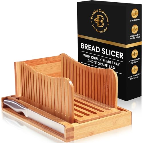 Bambüsi Bamboo Bread Slicer with Knife - 3 Slice Thickness, Foldable Compact Cutting Guide with Crumb Tray, Stainless Steel Bread Knife for Homemade Bread, Cake, Bagels 5.5” Wide x 5” Tall