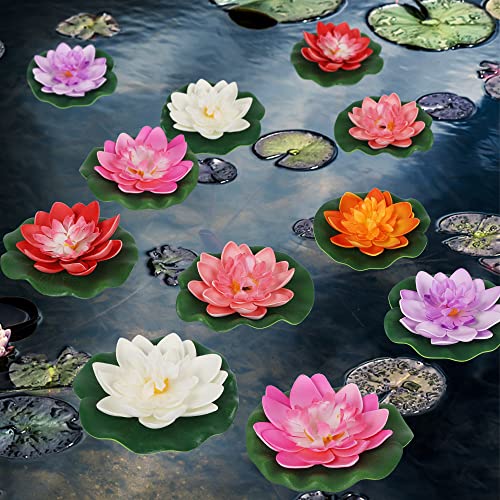 Happy Trees 12 Pcs Artificial Floating Foam Lotus Flower with Water Lily Pad, Lifelike Ornanment Perfect for Home Garden Pond Decor Indian Diwali Decorations Return Gifts