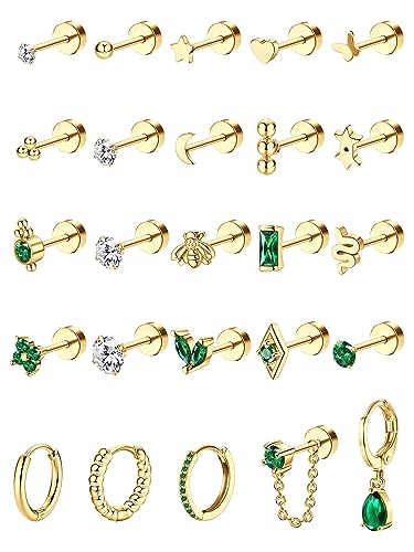 ADRAMATA Tiny Gold Flat Back Earrings for Cartilage Surgical Steel Stud Hoop Earrings Set for Multiple Piercing Cute Star Moon Snake Butterfly CZ Chain Dangle Emerald Green Earrings Helix Piercing Jewelry Hypoallergenic 20G Gold