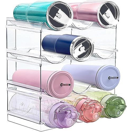 4 Pack Stackable Water Bottle Holders - Kitchen Organization Racks for Fridge, Pantry and Cabinets - Plastic Storage for Tumblers, Mugs and Cups