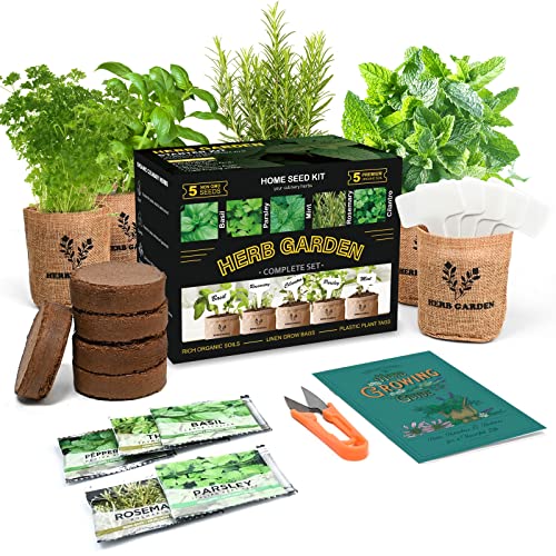 Indoor Herb Garden Starter Kit, 5 Non-GMO Herb Seeds - Basil, Parsley, Rosemary, Thyme, and Mint with Complete Planting Set Including Jute Bags, Markers, Soil Disks, Shears for Kitchen Herb Garden DIY
