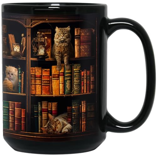2IMT Cat Book Mug 15Oz Book Lovers Gifts For Readers Book Lovers Bookish Gifts For Book Lovers Women Library Bookshelf Mug - Cat Gifts For Cat Lovers For Women Black Coffee Mug 15Oz
